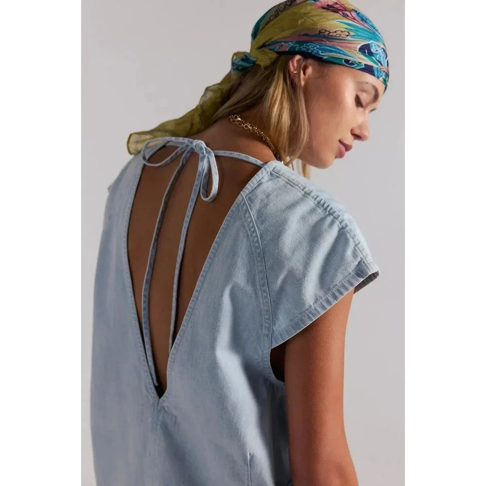 Free People We The Free Fall Denim Romper V-Neck Oversized Cotton Water S 288819